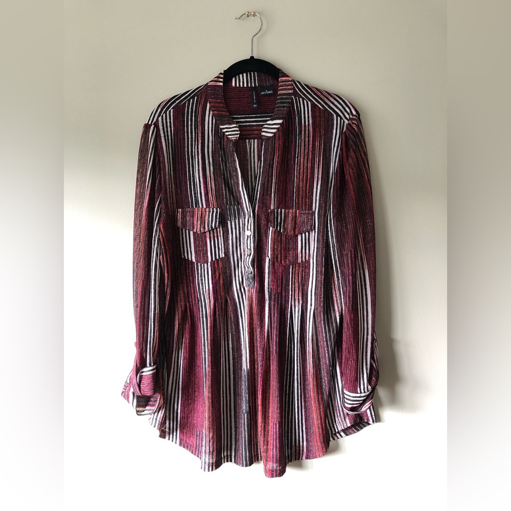 New Directions | Red & Black Striped  Long-Sleeve Blouse